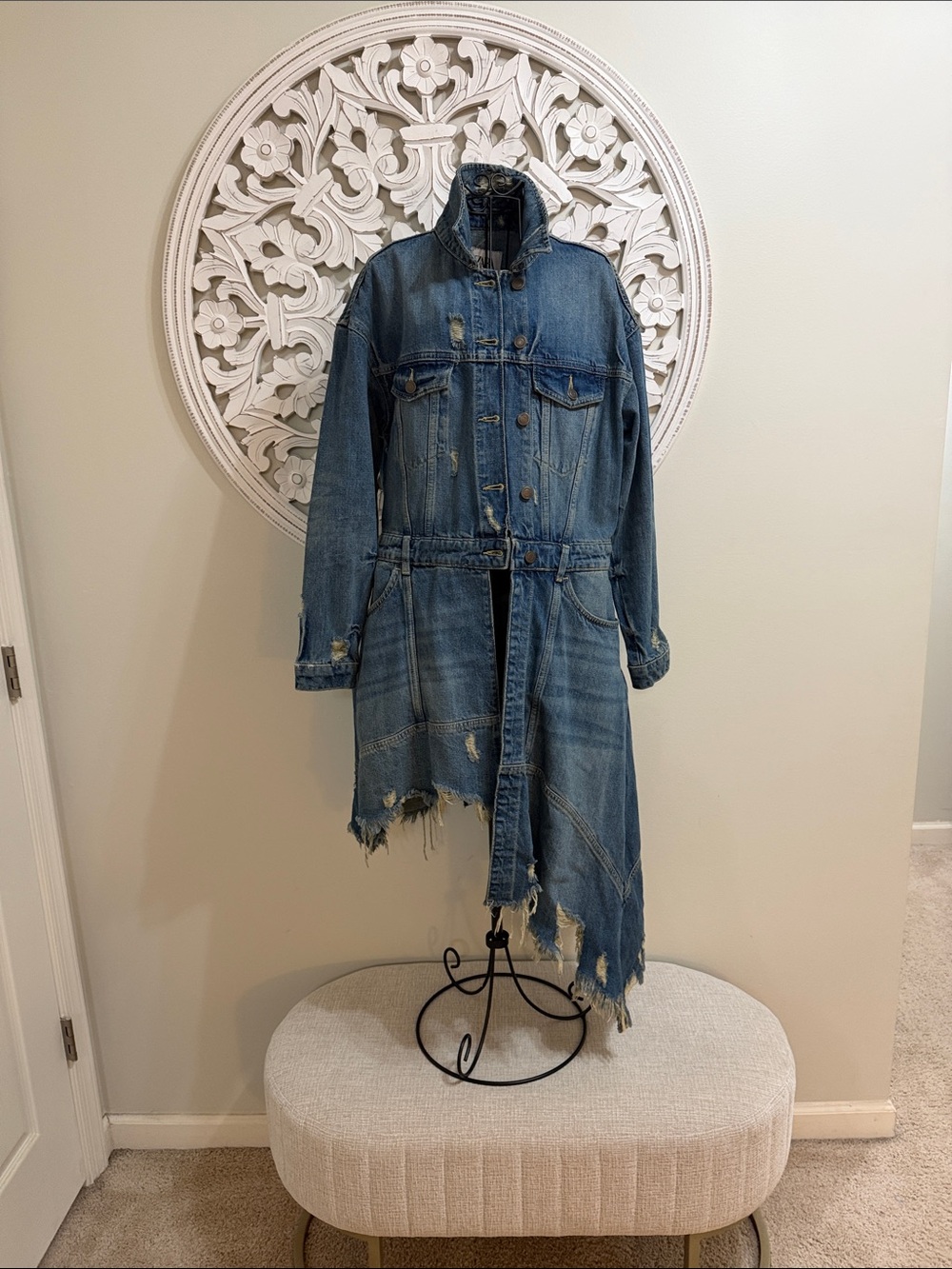 Zara Blue Distressed Denim Longline Overalls Jacket